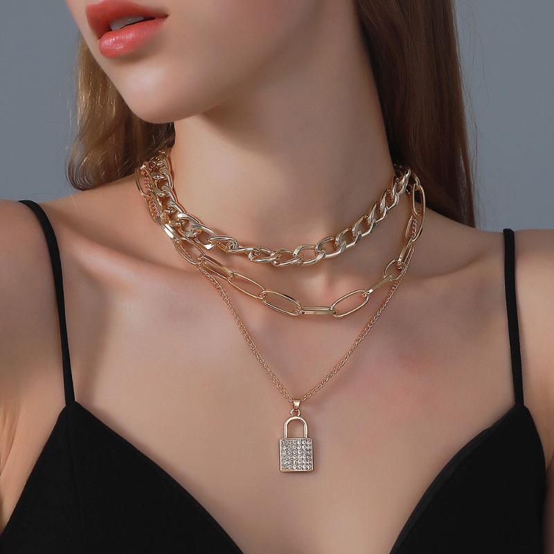 

Chokers Punk Multi Layer Thick Necklace Lock Chains Pendant Goth Choker Harajuku Jewelry Collar For Women Kakegurui Girls