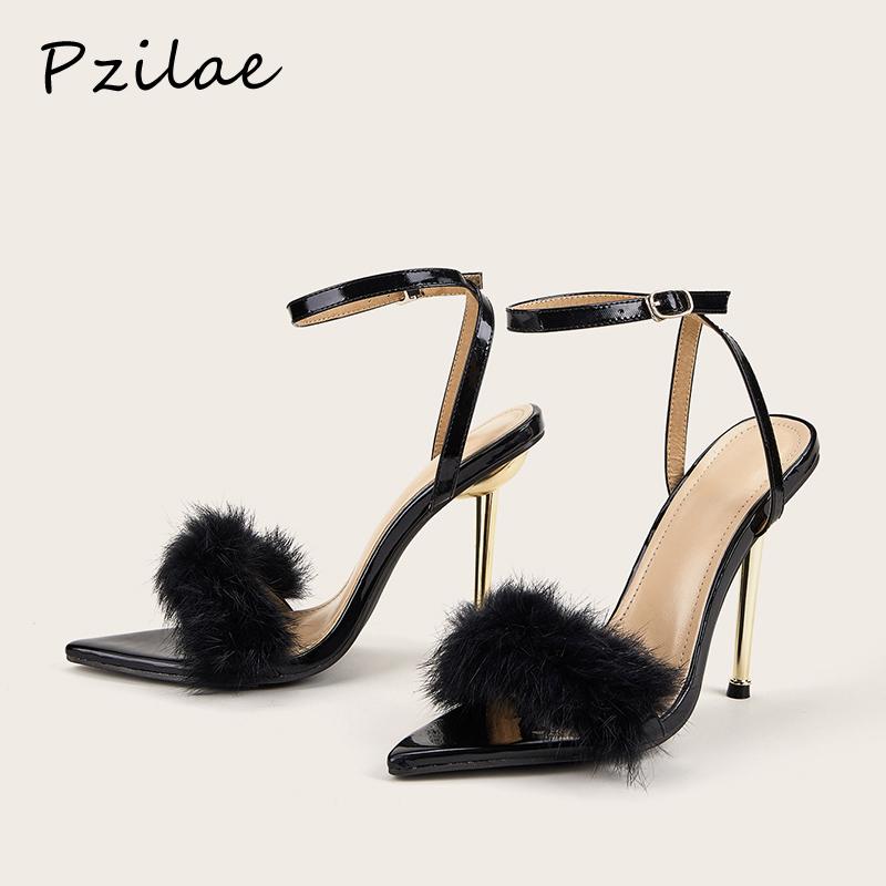 

Pzilae New Summer Women Sandals Fashion Feather Buckle Strap Pointed Toe High Heels Dancing Pumps Sexy Party Wedding Shoes Black