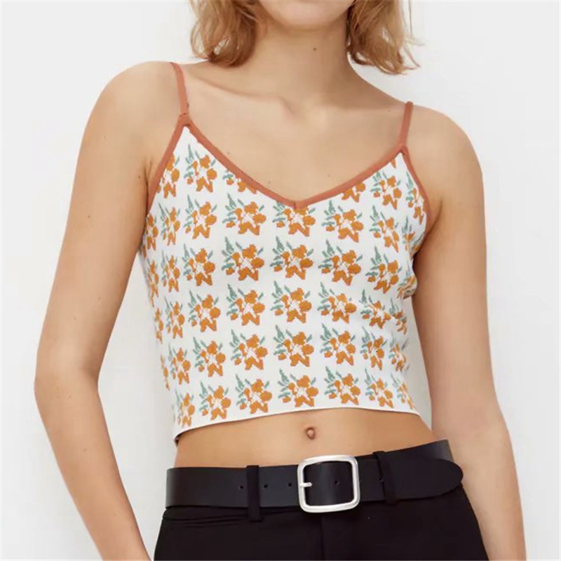 

2021 New Streetwear Floral Bordado Com Decote Em v Camisola Moda Senhoras De Malha Curto Elegante Feminino Vintage Fino Camis Ln4g, Orange