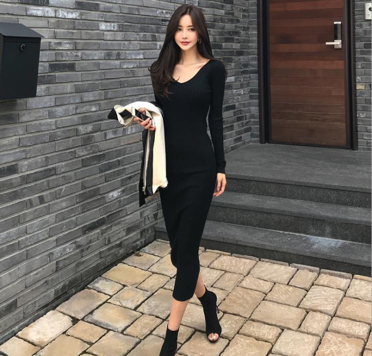 

New Ladies Knitted-out Women Low-cut V-long-dressed Hip Sleeves 7m3b, Black