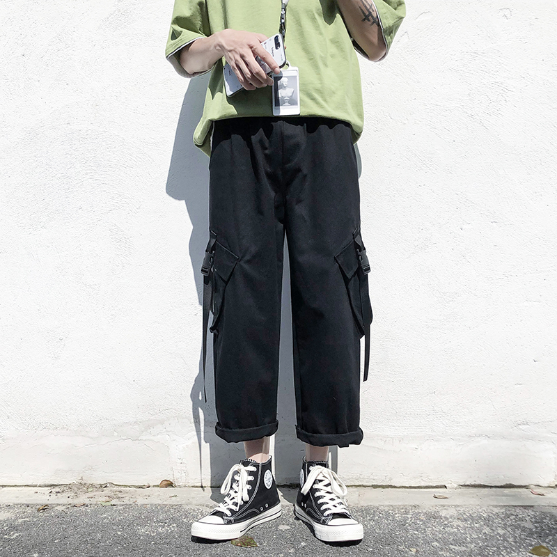 

2020 Hip-hop New Black Streetwear Sweatpants Straight Men's Cargo Pants Zipper Waist