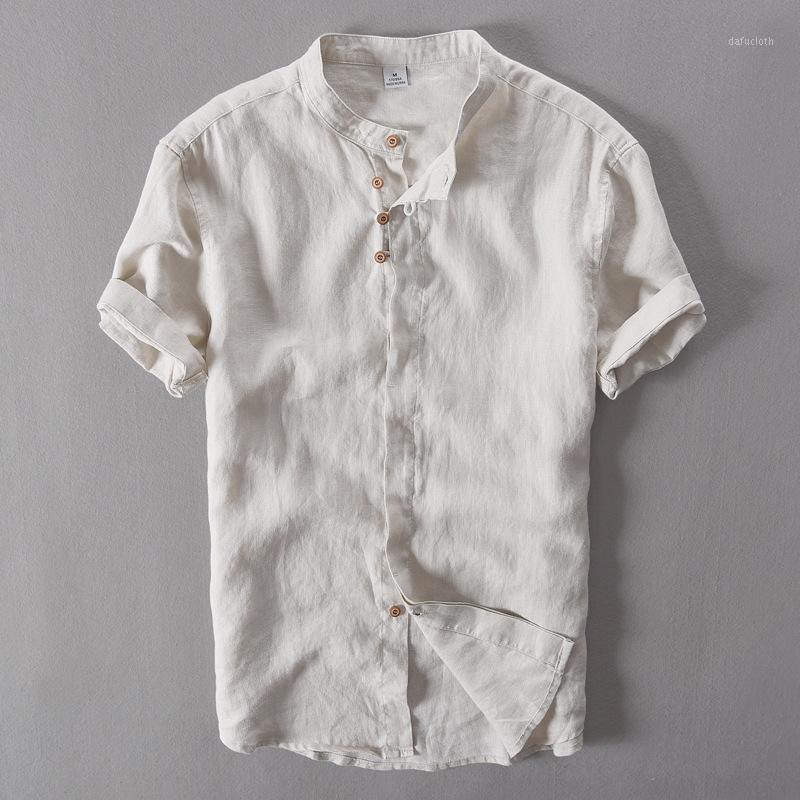 

Men's Pure Linen Casual Short - Sleeved Shirt Chinese Collar 100% Linen Shirts Men Brand Fashion Mens Shirt Summer camisa social1, Khaki