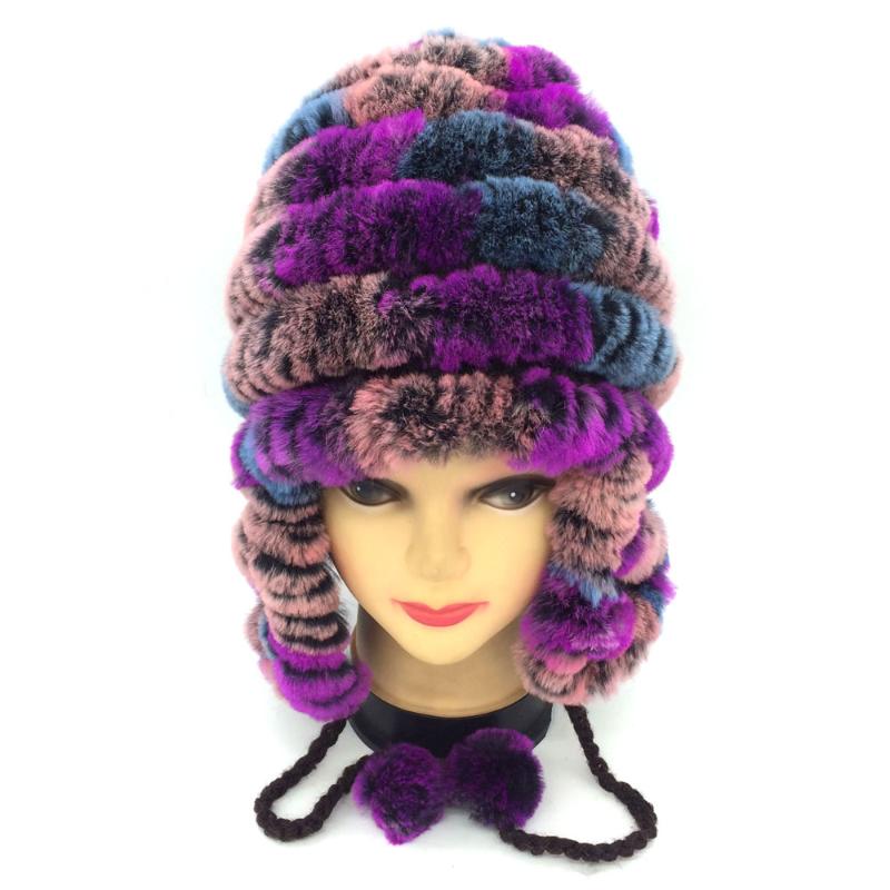 

Autumn winter Women real rex fur ear hat fashion girl natural fur headgear headdress female warmer skullies Wholesale, Black