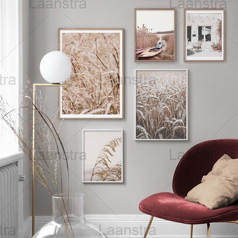 

Autumn Landscape Home Decoration Painting Withered Yellow Plants and Reeds Living Room Wall Art Canvas Poster Boat Prints