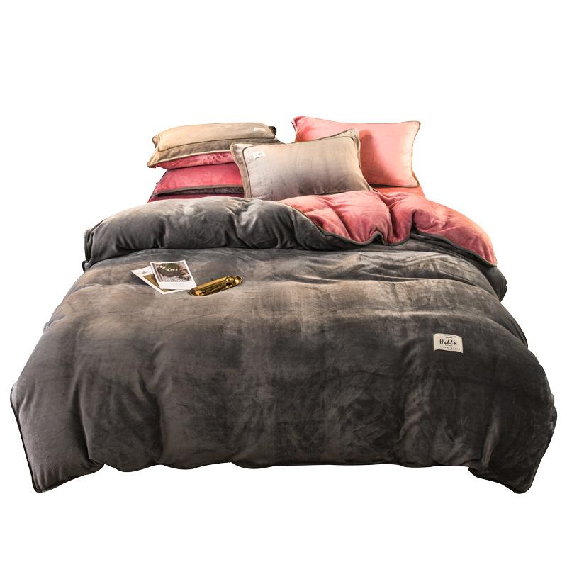 

Bedding Solid Color Simple Double-Sided Flannel 4-Piece Set Thickened Warm Milk Fleece Winter Coral Fleece Bed Sheet Pillowcase, Color13