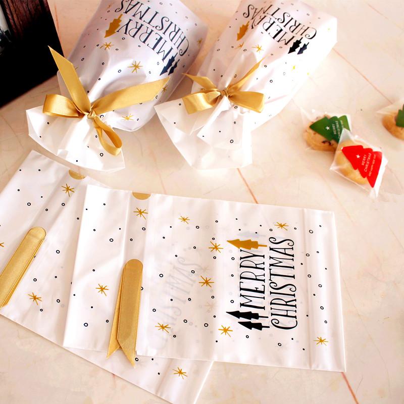 

Christmas Decorations 10pcs Treat Bags Gold Print Drawstring Plastic Favor Gift Pouch Candy Cookie Bag Holiday