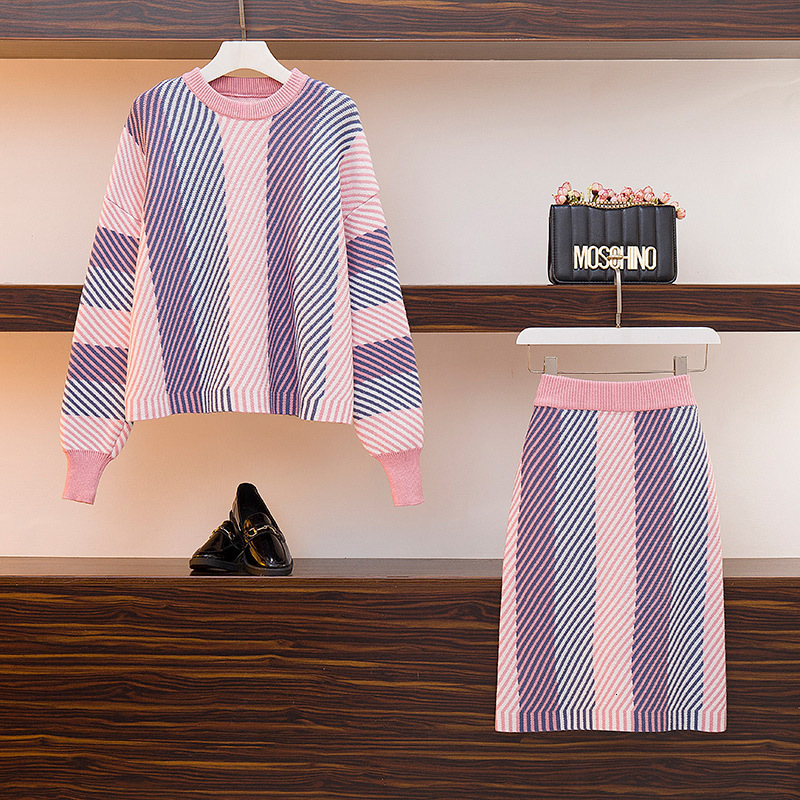 

2021 2 Sets Women Sweaters Tops+skrits Autumn Winter Stripes Soft Pullovers New Thick Warm Female Outwear Fashion Sweater Suits 71v5, Brown