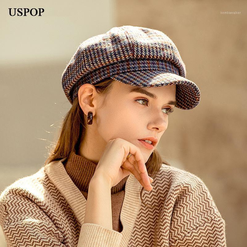 

Stingy Brim Hats USPOP 2021 Women Winter Wool Plaid Octagonal Hat Sboy Cap Berets1, Blue