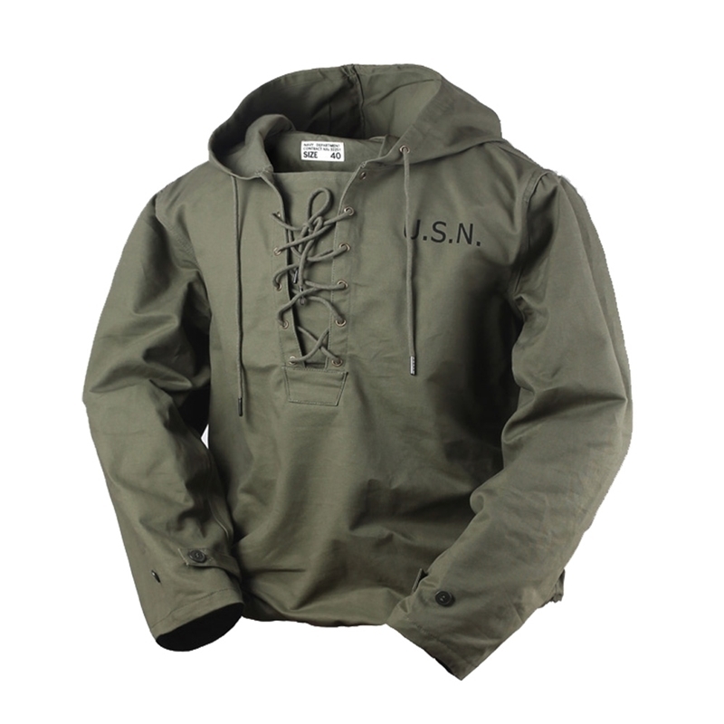 

USN Wet Weather Parka Vintage Deck Jacket Pullover Lace Up WW2 Uniform Mens Navy Military Hooded Jacket Outwear Army Green 201123, Square