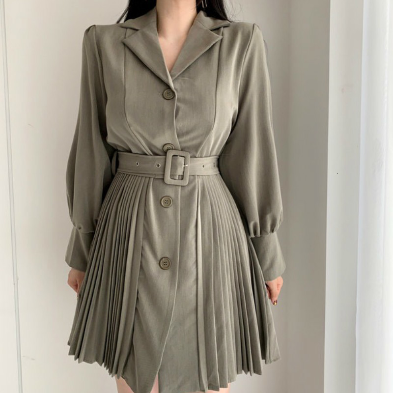 

2021 New Dressed in Korean Solid Women's Suit Sheathed Single Breasted Strips Plied Mid-long Dress From Line to Spring 0YPL, Black