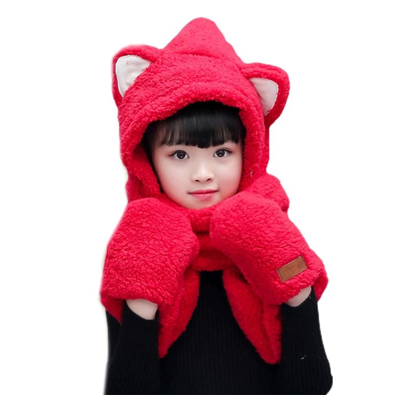 

Parent-Child Cute Cartoon Ears Winter 3 In 1 Scarf Hat Gloves Thicken Plush Warm Hoodie Earflap Beanie Cap Snood Wrap, Gy-s