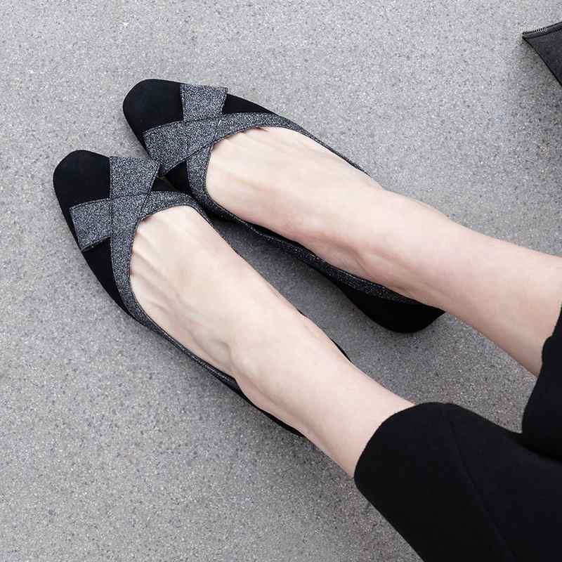 

YD-EVER full grain leather sheep suede streetwear square toe summer big size online star bowtie high quality pumps L32-a1, Black