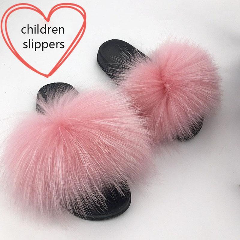 

New Kids Slippers Raccoon Slides Girl Real Slippers Furry Shoes Summer Home Flip Flops Warm Fur Wholesale1, As pic shows