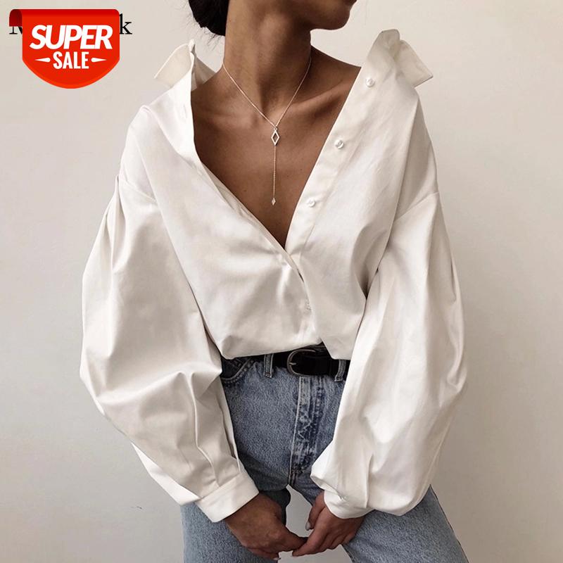 

Casual Vintage Sexy Button White Blouse Women Lantern Sleeve Plus Size Loose Women Shirt Cotton Office Ladies Tops Blusas 10903 #A05b