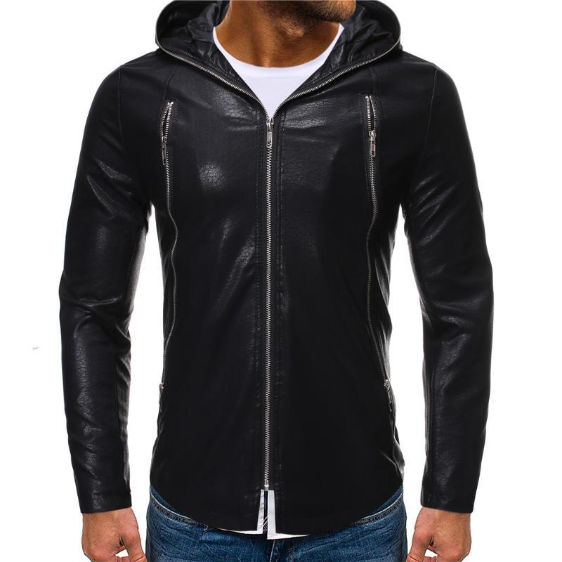 

Vogue Autumn And Winter Men Casual Leather Jacket Solid Color Long-sleeved Slim Hooded Leather Jaquetas, Black