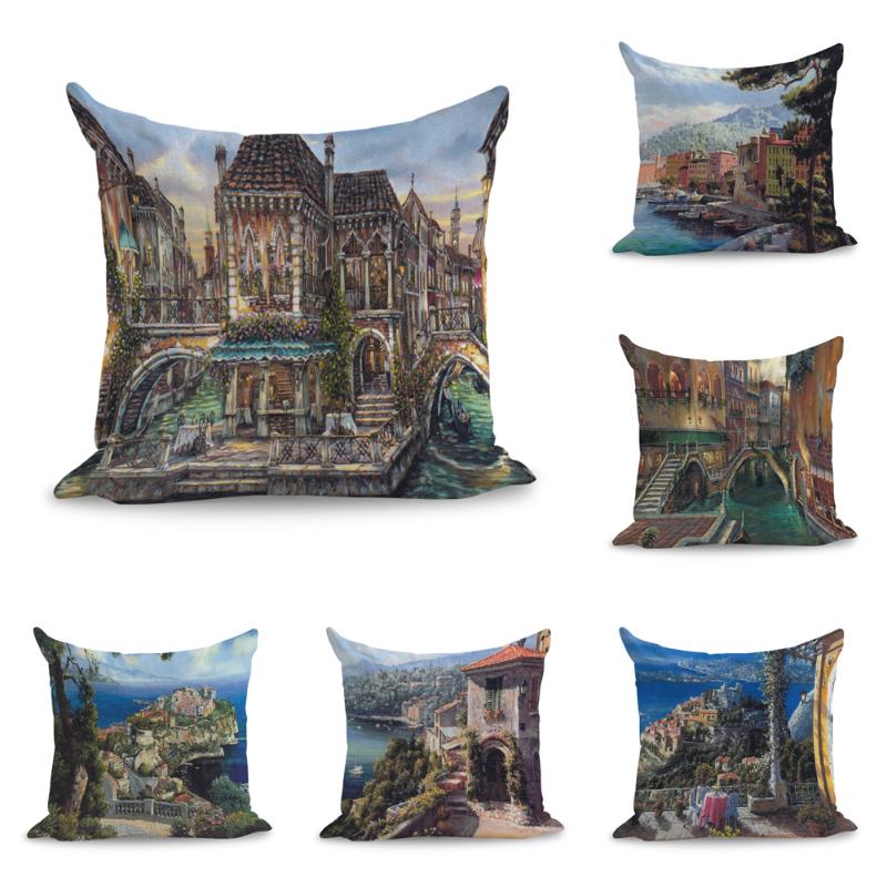 

Venice Buildings Gondola River Landscape Painting Pillows Linen Couch Seat Cushion Throw Pillow Home Decor Gift