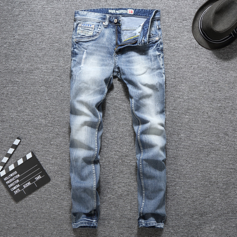 

2021 New Italian Vintage Fashion Light Blue Slim Fit Elastic Ripped Men Pants Streetwear Designer Hip Hop Homme Uz6e