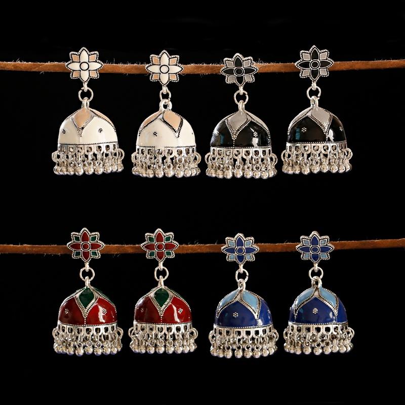 

4 Color Tibetan Jewelry Red Green Flower Earrings Ethnic Summer Silver Color Beads Tassel Earrings Oorbellen