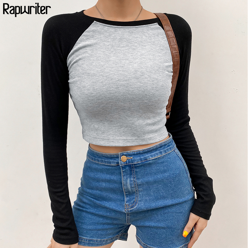 

Contrast Color Ribbed Y2k Aesthetic Harajuku Crop Tops Women Fall O-Neck Long Sleeve Casual Basic T Shirt Femme RapWriter 201125, Black t-shirt