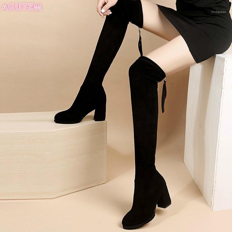 

2020 new Stretch Flock Over The Knee Boots Hoof High Heel Square Toe Long Boots Autumn Winter Slip On Women Shoes Naked1, Black 3cm
