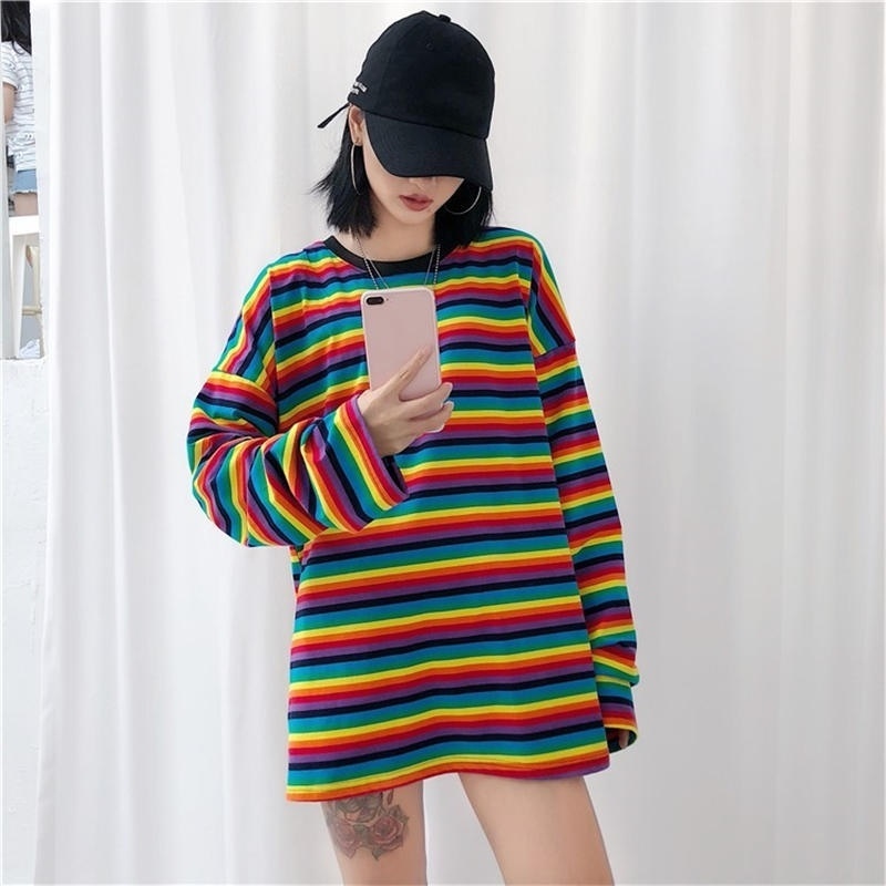 

Gagarich Punk Style Summer Causal Cotton T Shirt Women Striped T-shirt Rainbow Shirt Female Harajuku Loose Top Shirts Plus Size Y200412, Short sleeve