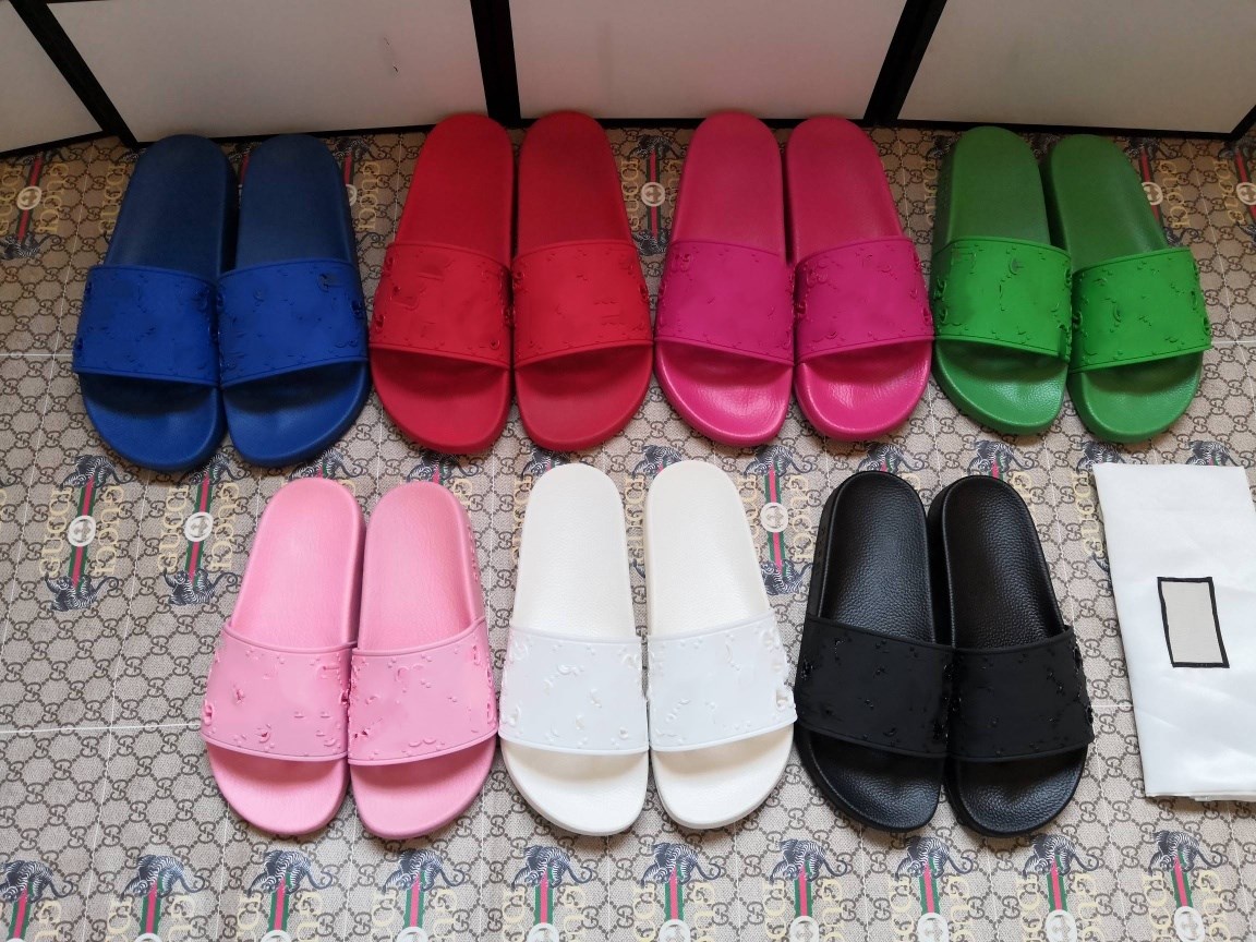 

pre-fall 2019ss Men womens fashion pool flats Slides sandals slippers with cut-out design Molded rubber footbed 575957 sz 38-46, Black