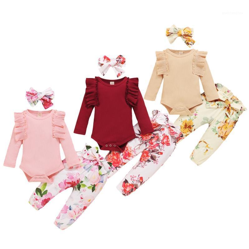 

Newborn Baby Girls Autumn 3Pcs Set Solid Color Ruffled Long Sleeve Bodysuit+Floral Print Bow Long Pants+Headband1