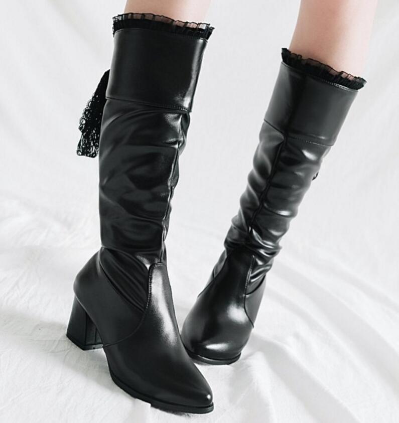 

Ladies Chaussure Women Luxury Leather Lace Shoes Woman Zapatos Mujer Sapato Knee High Boots Chunky High Heels Booties XZ1812181, White