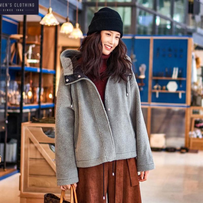 

Winter women' jacket faux Lamb fur coats fashion hooded patchwork fake fur jacket female long sleeve loose wild outwear L1657, Grey