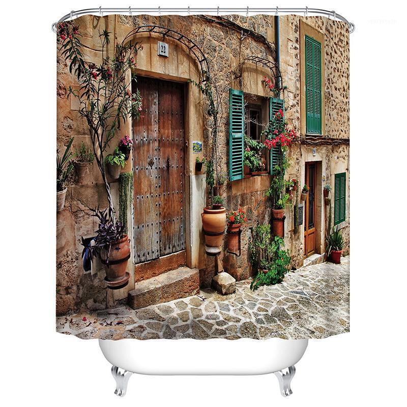 

farmhouse bathroom curtain shower wood door window flower shower curtain polyester1