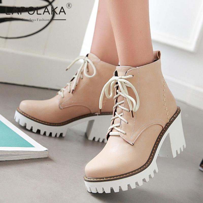 

Lapolaka New Fashion 2020 Big Size 43 Chunky High Heels Ankle Boots Woman Shoes Platform Lace Up Concise Spring Autumn Boots1, Black add fur