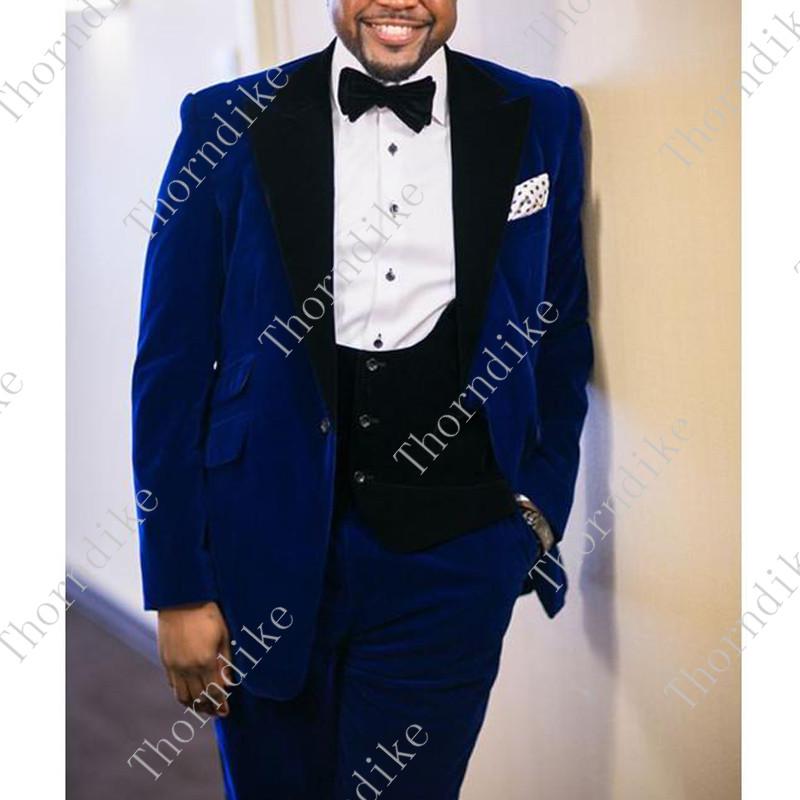 

Royal Blue Velvet Business Men Suits 2020 Blazer Black Peaked Lapel Wedding Groom Tuxedos Custom Made (Jacket + Pants + Vest, Suits4