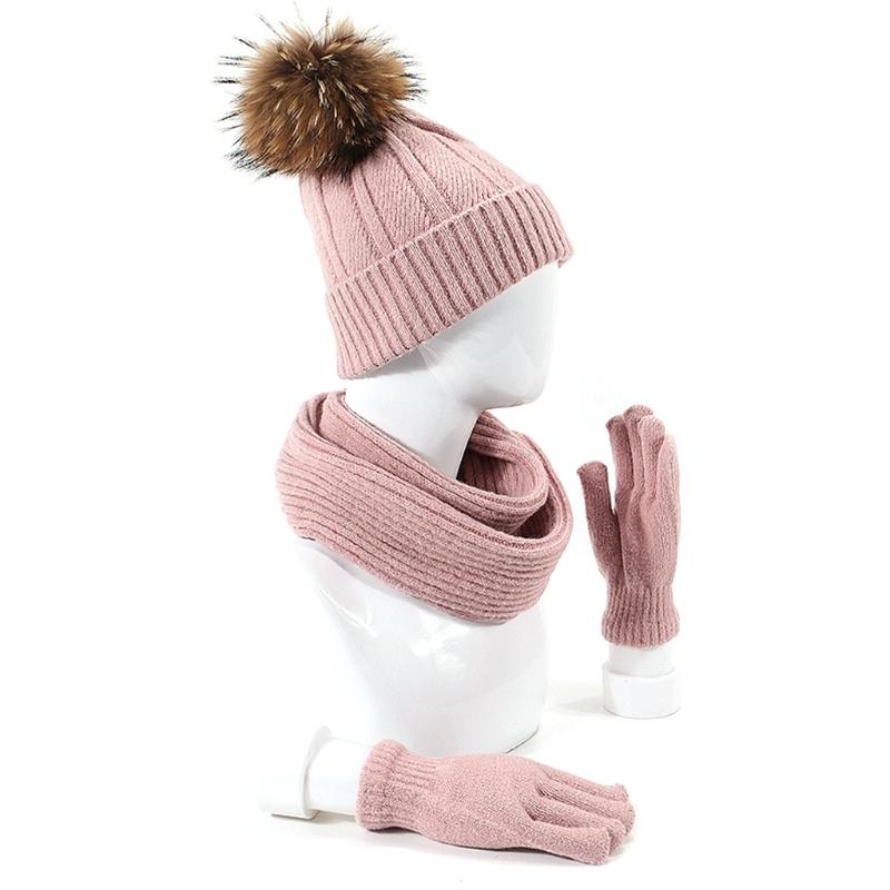 

3pcs Men Women Knitted Beanie Hat Scarf Gloves Set Winter Warm Fake Ball Pom Pom