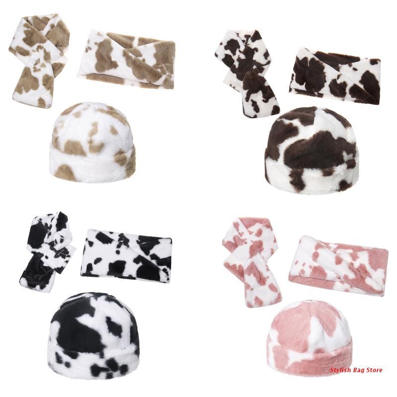 

3Pcs Winter Milk Cow Print Fluffy Plush Warm Beanie Skull Hat with Scarf Set