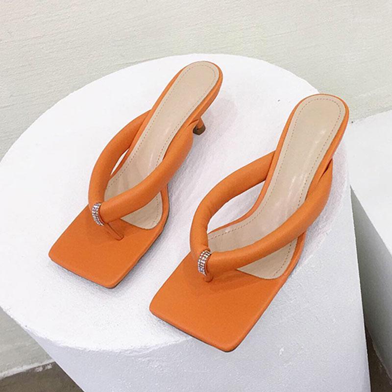 

New Women Summer Slippers Low Heels Ladies Sandals Square Toe Slip On Crystal Flip Flops Casual Women Beach Slides Sandal1, White