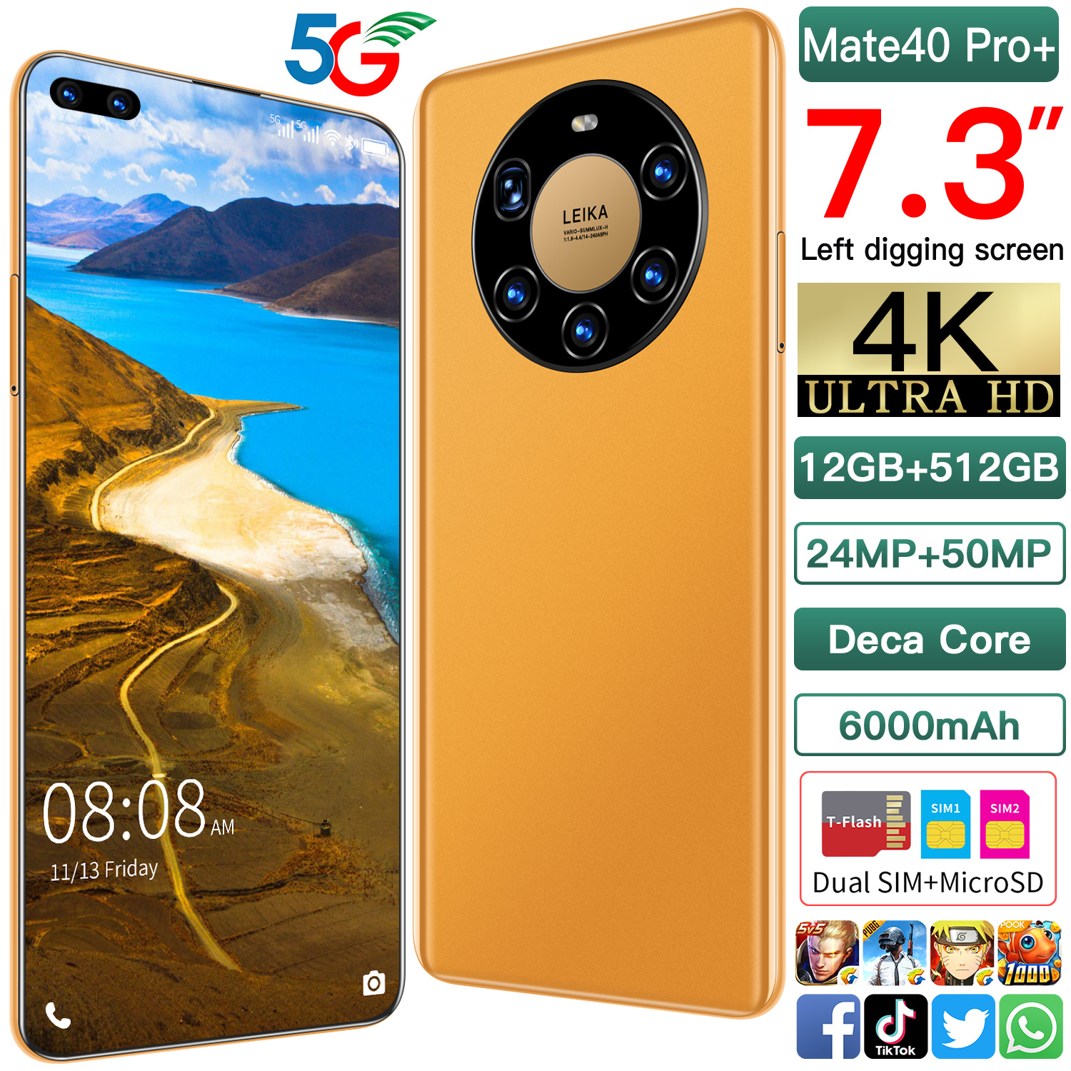 

2022 Newest Phones Unlocked Global Version M40Pro Original Android 10.0 Smartphone 7.3 Inch Cellphone Dual SIM Camera Cell Mobile Smart Phone Face ID TEL, Yellow