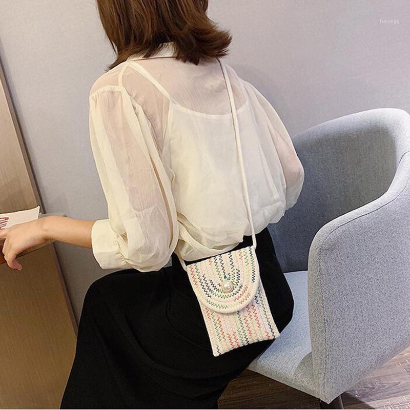 

2020 beach bag hand bag mini mobile versatile straw woven Single Shoulder Messenger tide1, Sky blue