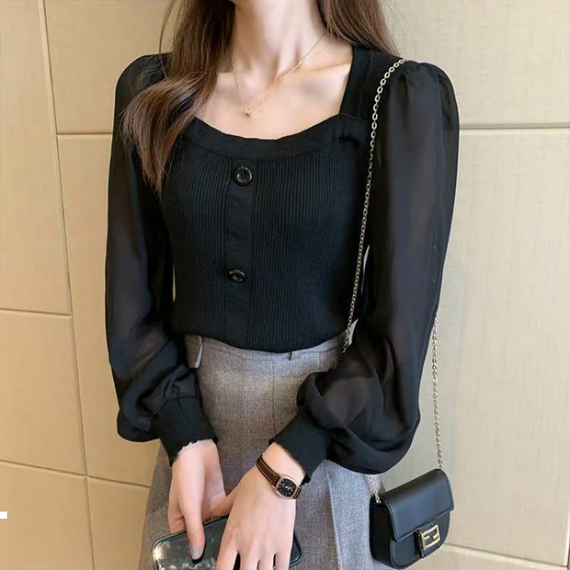 

New spring 2021 liquid thread bottomming female shirt fine square neck long sleeves short sweater y519 53PB, Apricot