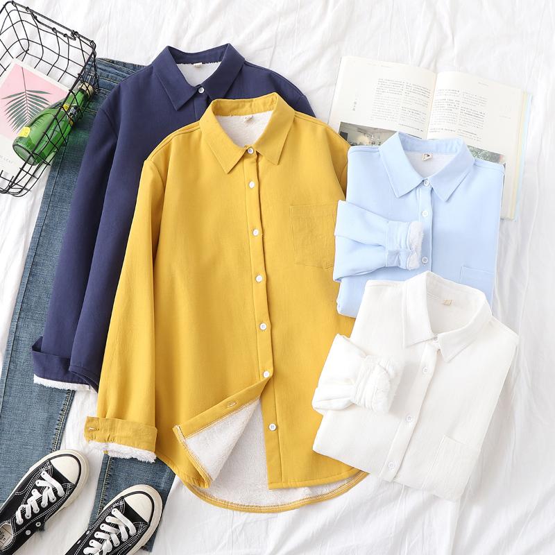

Autumn Winter Korean Thick Cotton Blouse Shirts Women Casual Turn-down Collar Solid Color Plus Velvet Warm Basic Blusas Feminia, Blue