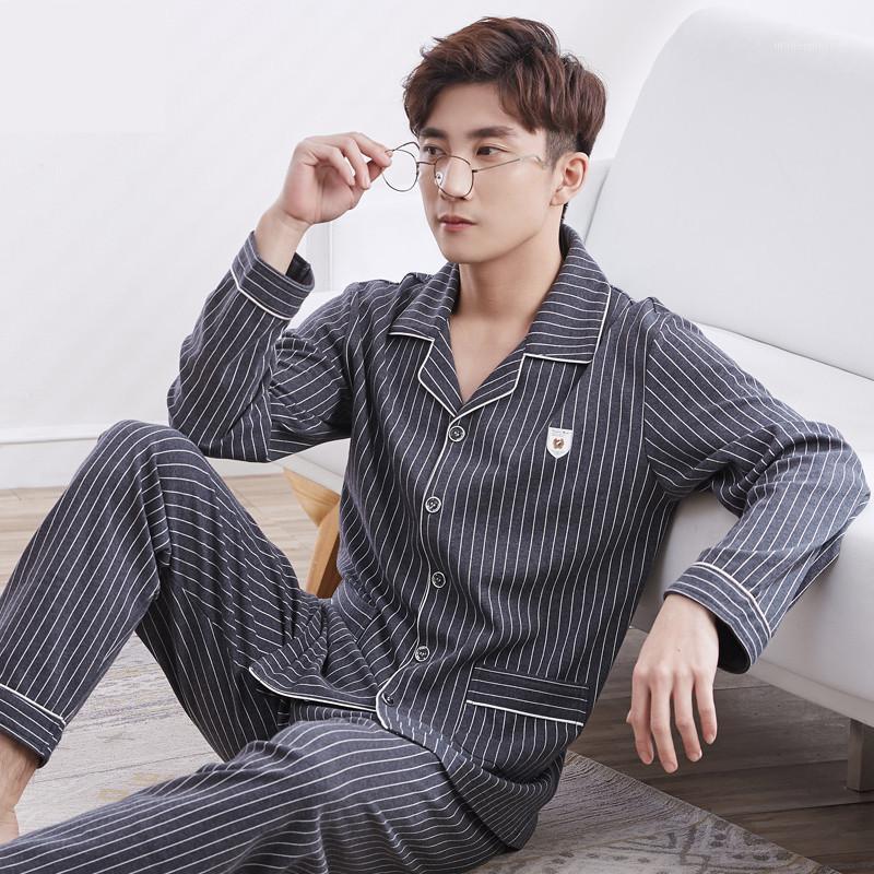 

100% cotton mens Pajama Sets autumn spring male sleepwear suits clothing shirt+pants 2pcs long sleeve striped man clothes y941, As picture