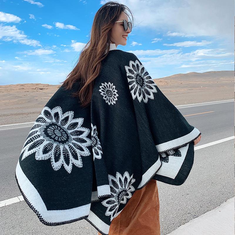 

Scarves Scarf 2021 Fashion Autumn/winter Women Cloak Poncho Wool Cashmere-like Capes Shawl Clasp Vintage Flower Print Travel