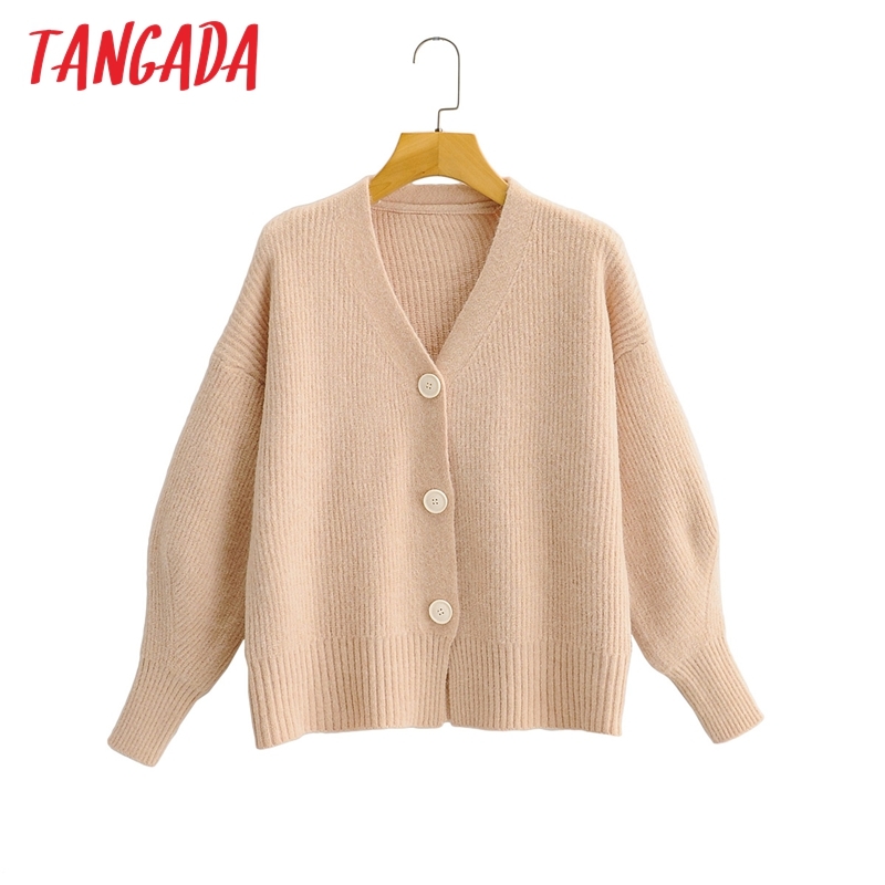 

Tangada Autumn Winter Women Khaki Knitted Cardigan Sweater Jumper Vintage Long Sleeve Button Female Outerwear SY29 210204