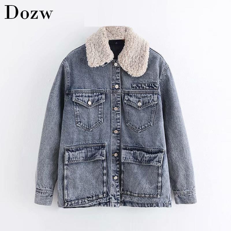 

Women Autumn Winter Fashion Denim Jacket Coat 2020 Loose Pockets Long Sleeve Turn Down Collar Coat Cotton Padded Lining Jackets, Blue