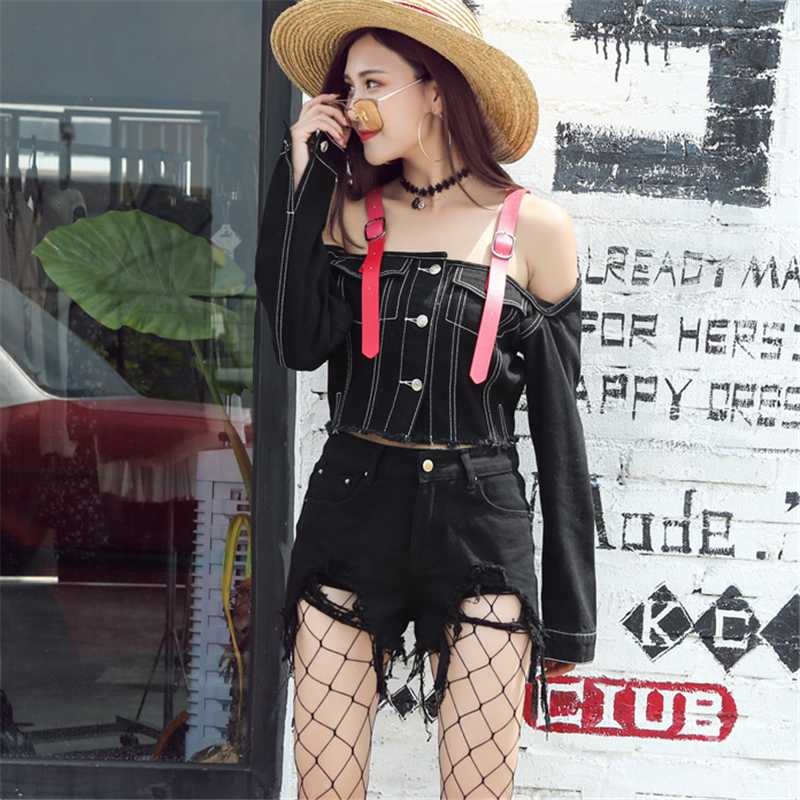 

2020 Spring Summer Fashion Short Denim Jacket Without Collar Backless Jean Jackets for Women off shoulder Jacket J567, Blue