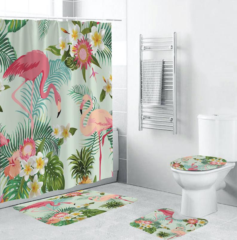 

4 Pcs Flamingo Leaves Monstera Shower Curtain Pedestal Rug Lid Toilet Cover Mat Bath Mat Set For Bathroom Decor