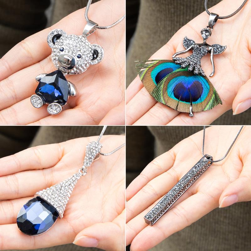 

Simple Sweater Coat Necklaces Ladies Girls Long Black Leaf Natural Peacock Feather Crystal Pendant Necklaces for Women Jewelry