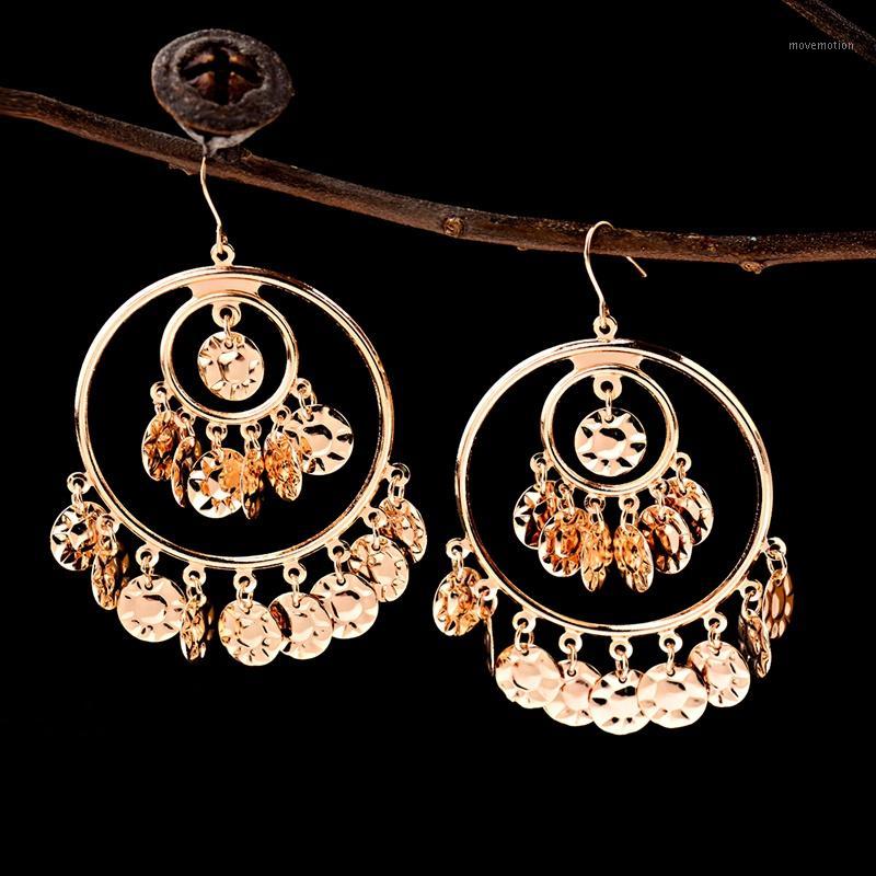 

TopHanqi Bohemia Gold jhumkas Earring Charm Fashion Jewelry Big Circle Round Metal Sequins Tassel Drop Earrings For Women1