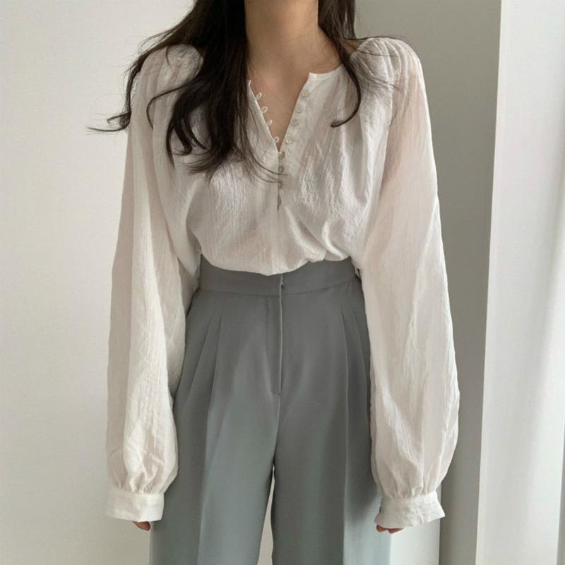 

White Blouse Women Button V Collar Lantern Sleeve Shirt Autumn Spring 2020 Chic Loose Causal Shirt Chic Mujer De Moda Tops Retro, Black
