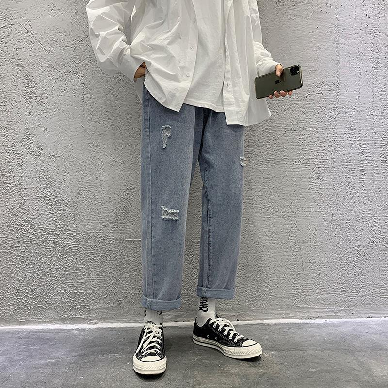

2021 spring and autumn ripped nine-point jeans men' loose feet slim beggar Harlan casual pants, Black