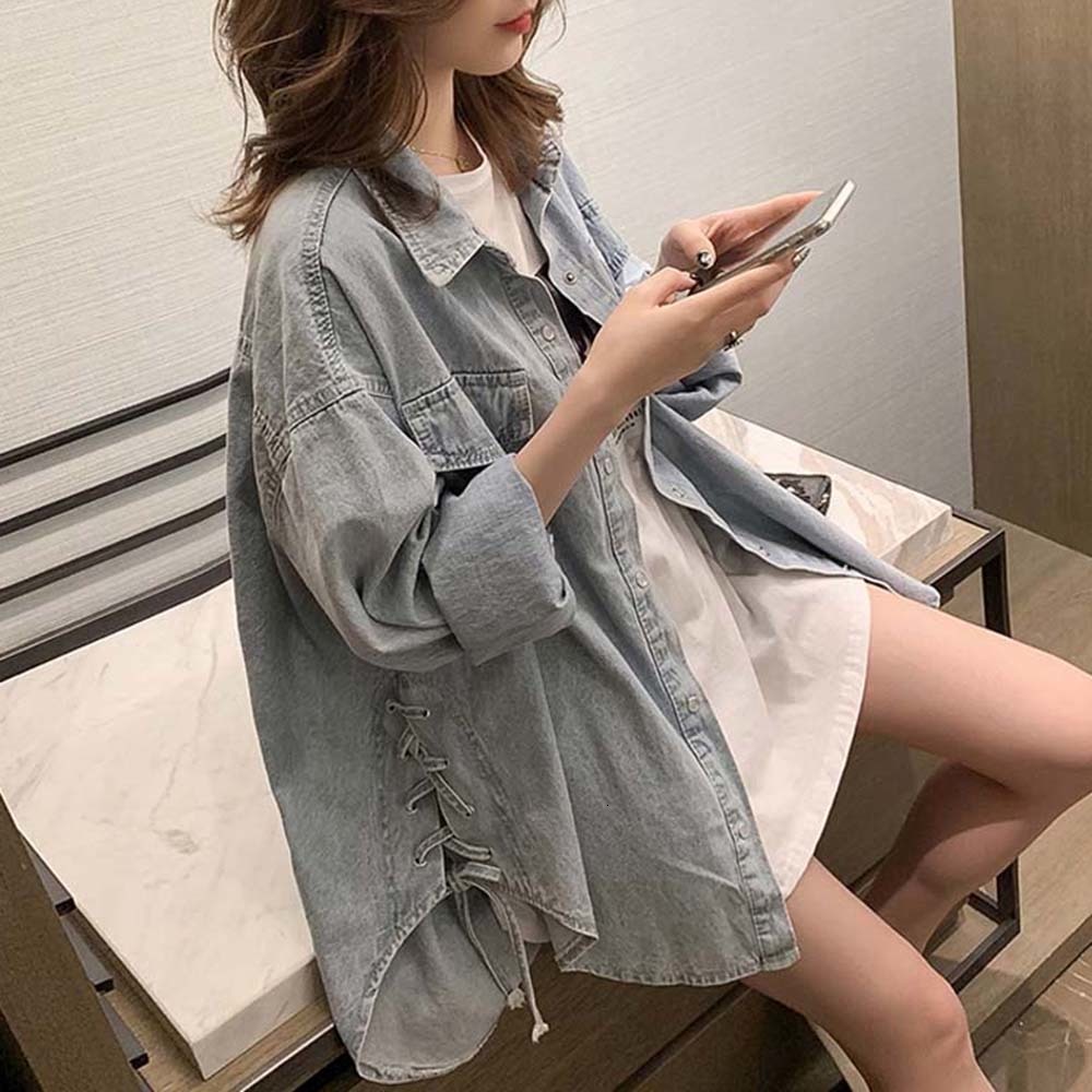 

2021 New Korean Style Oversize Jeans Jacket Woman Spring Autumn Coat Loose High Low Denim Outwear Streetwear PCL7, Blue